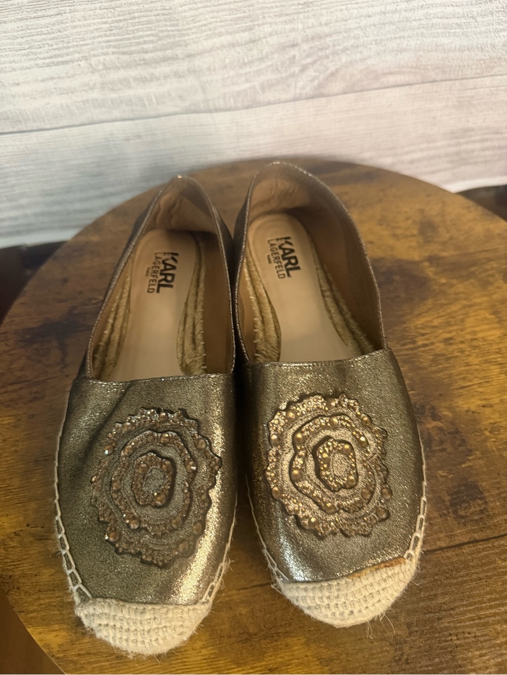 Karl Lagerfeld Gold Metallic Embroidered Espadrilles